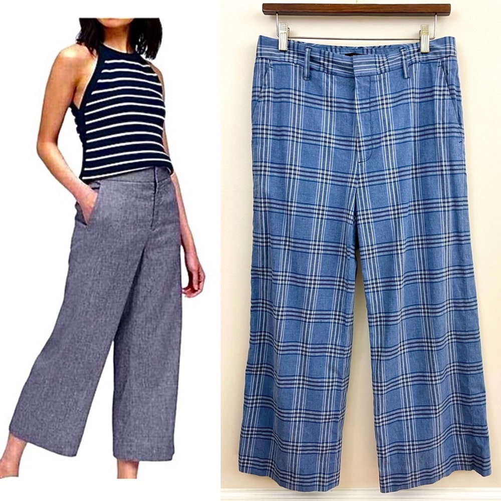 Banana Republic Linen blend Wide-leg Crop Pants Blue Plaid, EUC